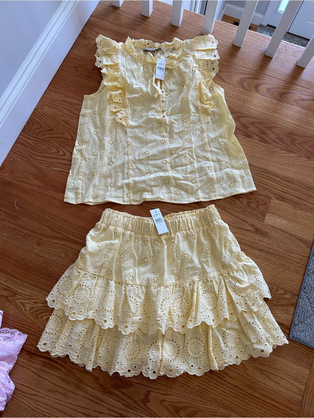 LOFT Yellow Eyelet Ruffle Skirt Set- skirt size Small, top size Medium - Picture 1 of 4